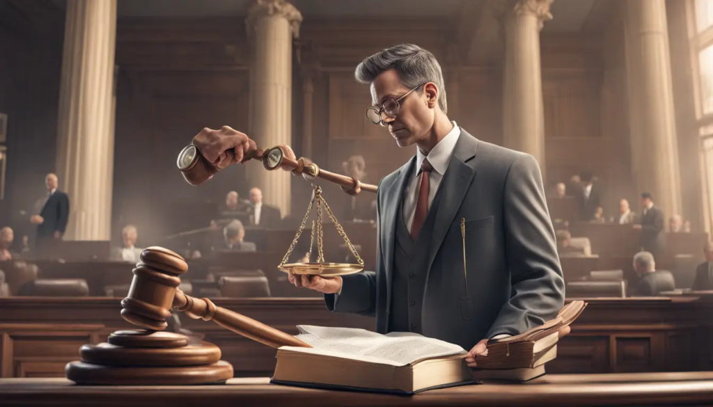 Imagem de um perito judicial profissional com lupa e livro de direito, símbolos judiciais ao fundo para ilustrar as habilidades necessárias para esta carreira.
